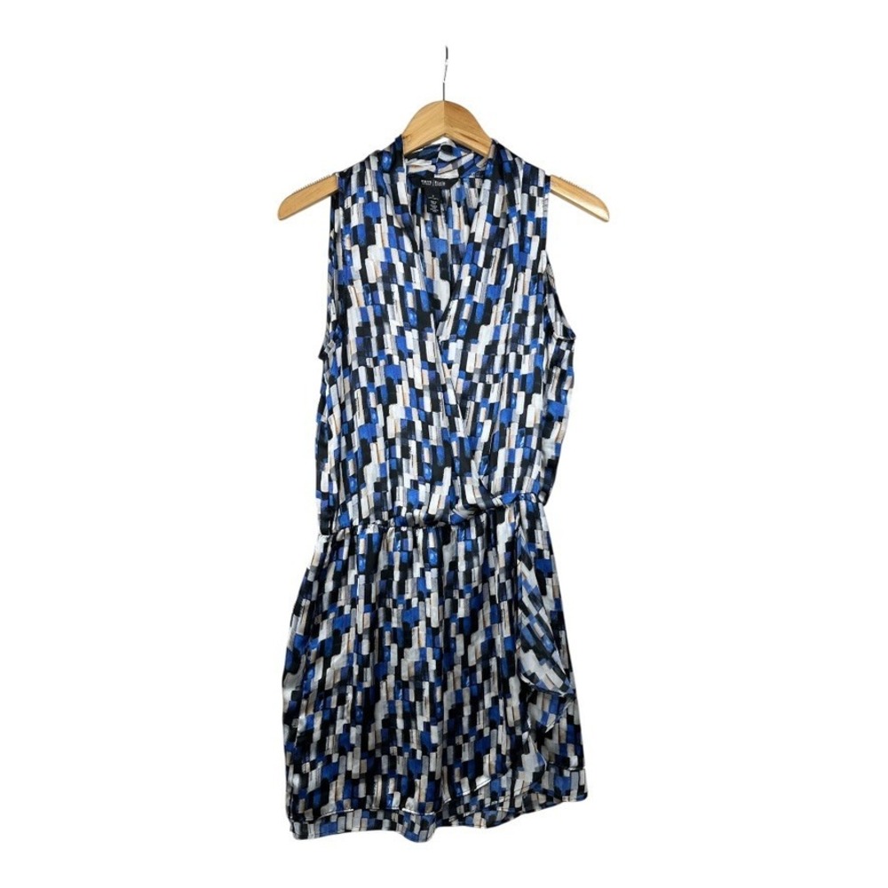 White House Black Market women's 8 Geometric white blue Faux V Neck‎ WrapDress